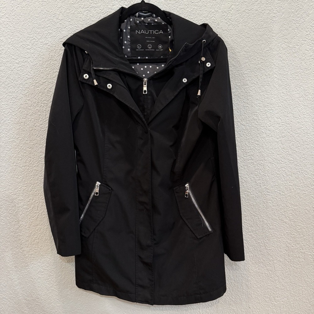 Black Hooded Rain Coat Nautica Size M Zipper Pockets